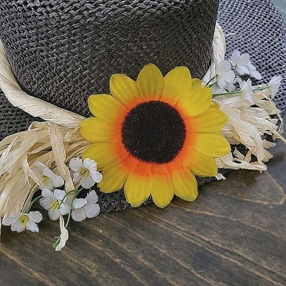 Vtg rafia sunflower band black straw sun hat - Picture 5 of 10